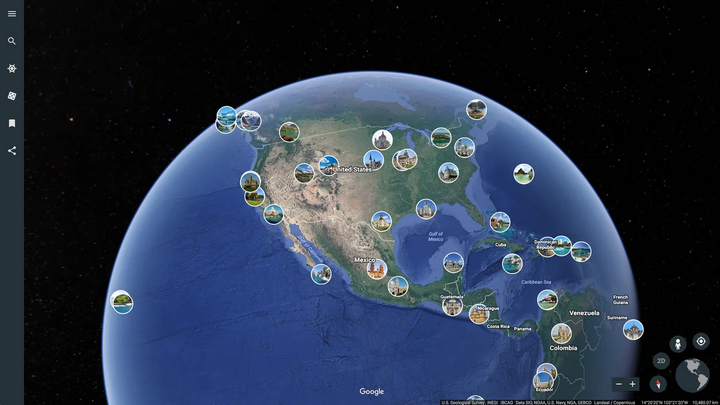 Google Earth là chương trình máy tính kết hợp tất cả các bản đồ của Google, cho phép bạn xem hình ảnh 3D của Trái Đất, giúp bạn khám phá những địa điểm mới, trải nghiệm cảm giác như một chuyến du lịch ảo. Bạn có thể thấy được các địa điểm, đánh dấu tìm kiếm đường đi, dữ liệu thời tiết,.. bằng cách nhập tên vị trí, địa chỉ và tọa độ chỉ với chương trình này. (Ảnh: Google)