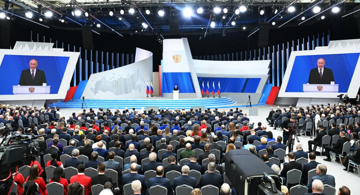 Tổng thống Putin đọc Thông điệp Liên bang ngày 29/2/2024. (Ảnh: Sputnik)