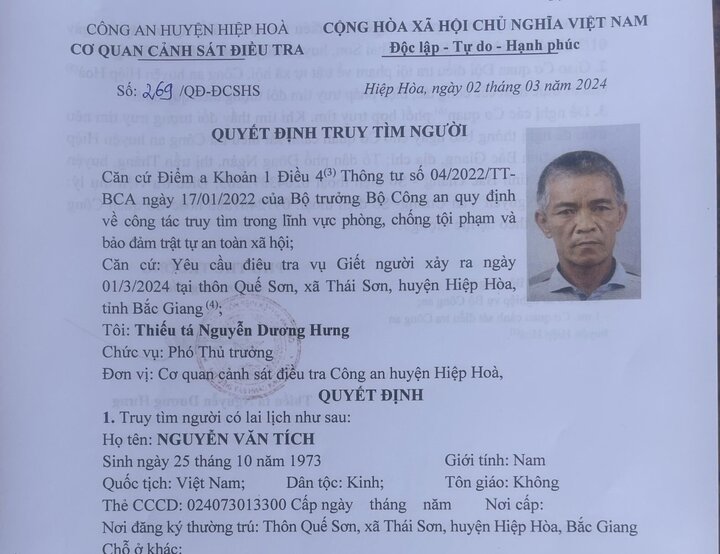 Quyết định truy tìm Nguyễn Văn Tích của Công an huyện Hiệp Hòa, Bắc Giang.