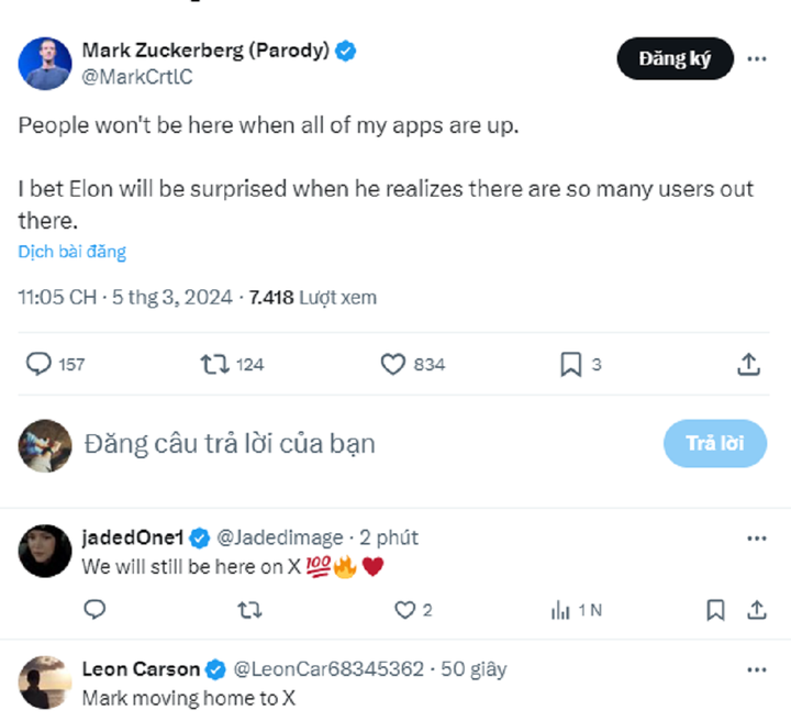 Tài khoản bắt chước tích xanh cũng không quên "đá xéo" mạng xã hội X của Elon Musk.