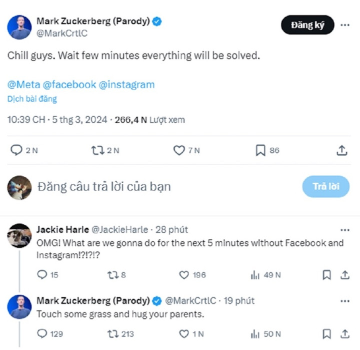 Tài khoản parody của CEO Meta Mark Zuckerberg chia sẻ về thông tin Facebook gặp sự cố trên toàn cầu.