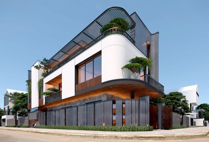 Mẫu nhà 2 mặt tiền với thiết kế độc đáo, 2 màu chủ đạo nâu và trắng khiến ngôi nhà trông nổi bật. (Ảnh: noithatzito)