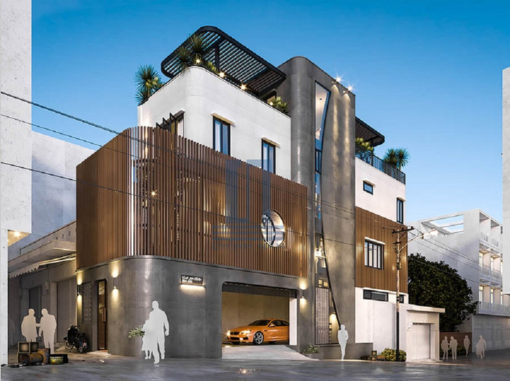 Mẫu nhà 2 mặt tiền được thiết kế đầy đủ công năng với gara ô tô ngay mặt đường lớn. (Ảnh: noithatzito)