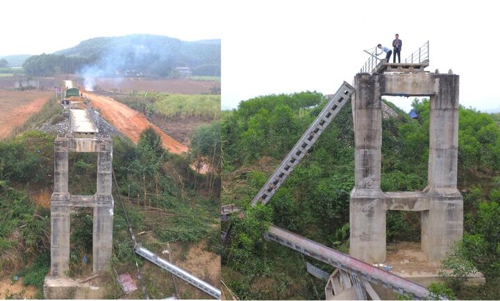Tháp sắt và mặt cầu bị rơi xuống sông Hiếu.