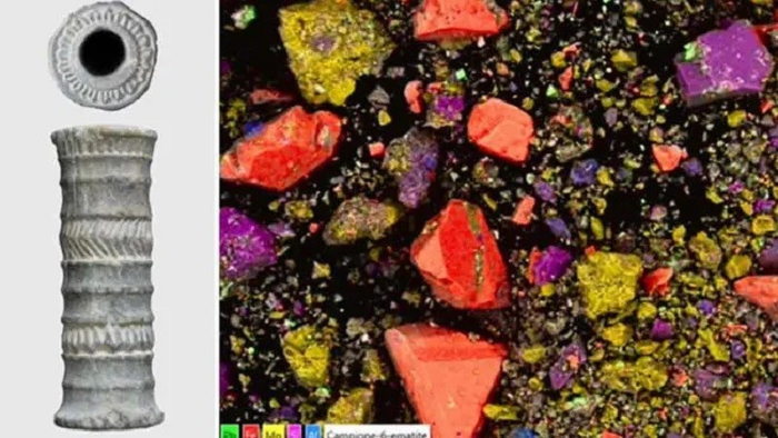 Chiếc lọ thời kỳ đồ đồng (trái) và hình ảnh hiển vi về thành phần của sắc tố, được tăng cường thêm màu sắc để phân biệt từng khoáng chất. (Nguồn: Massimo Vidale qua Báo cáo khoa học; CC BY 4.0 DEED)