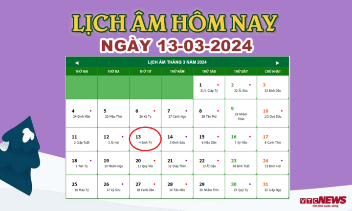 Xem lịch âm hôm nay ngày 13/3/2024.