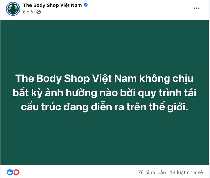 Thông báo trên fanpage đã xác minh của The Body Shop. (Ảnh chụp màn hình)
