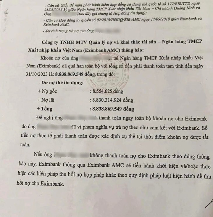 Thông báo thu hồi nợ thẻ tín dụng của Eximbank với nợ gốc 8,5 triệu đồng, nợ lãi 8,84 tỷ đồng phát sinh đến 31/10/2023.