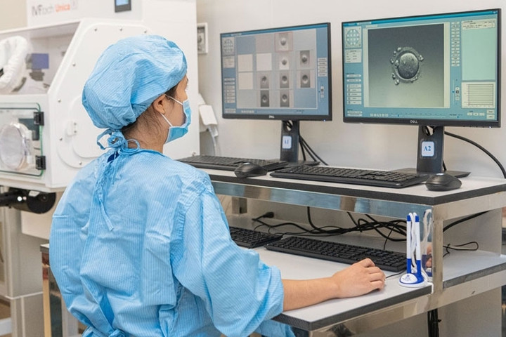 Chuyên viên phôi học kiểm tra và nuôi phôi ngày 5 để làm xét nghiệm sàng lọc.