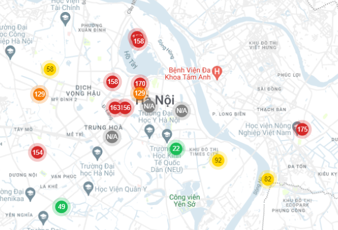 Học viện Nông Nghiệp Việt Nam có chỉ số ô nhiễm không khí 175, trưa 21/3. (Ảnh chụp màn hình).