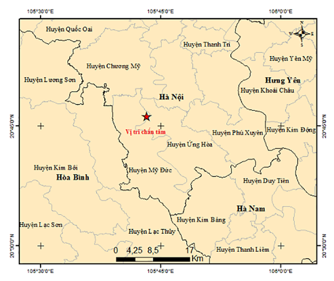 Bản đồ tâm chấn động đất ở huyện Mỹ Đức, Hà Nội. (Ảnh: igp-vast.vn)