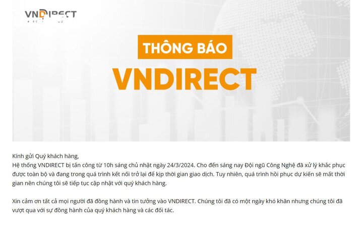 Thông báo về sự cố trên website của VNDirect lúc 10h sáng 25/3/2024. (Ảnh chụp màn hình)