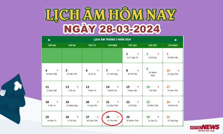 Xem lịch âm hôm nay ngày 28/3/2024.