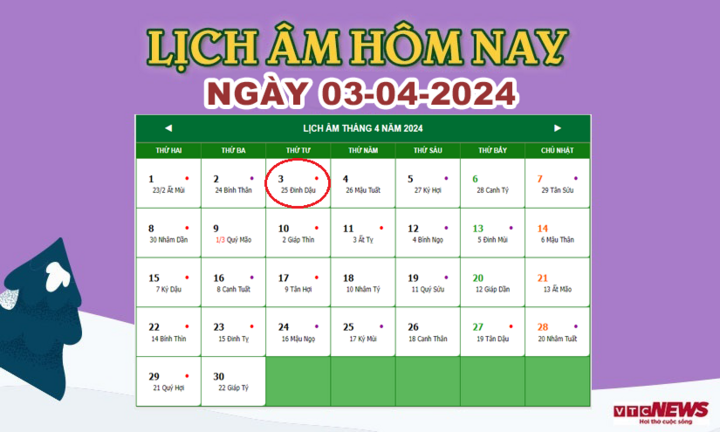 Xem lịch âm hôm nay ngày 3/4/2024.