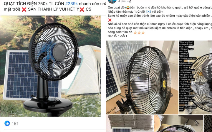 Người bán hàng online tranh thủ xả quạt tích điện với giá rẻ bằng 1/2 - 1/3 năm trước. (Ảnh chụp màn hình).