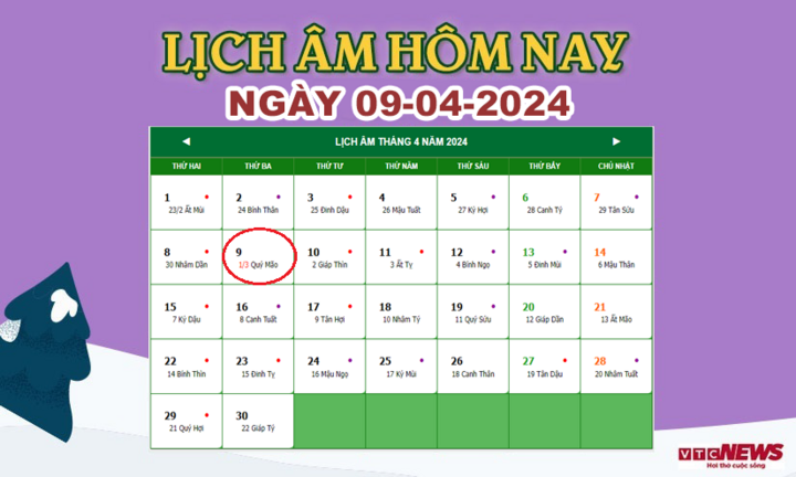 Xem lịch âm hôm nay ngày 9/4/2024.