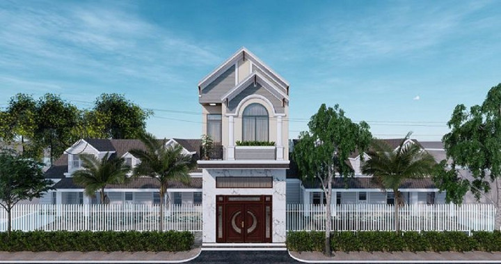 Mẫu nhà 2 tầng mặt tiền 5m được thiết kế với phần mái tạo điểm nhấn cho ngôi nhà.