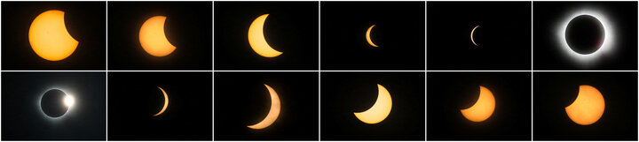 Các hình dạng của nhật thực ở Mazatlan vào sáng 8/4. Mặt trăng nằm ở vị trí che khuất một phần hoặc toàn bộ ánh sáng phát ra từ mặt trời. (Ảnh: Reuters)