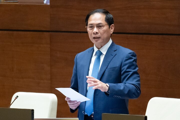 Bộ trưởng Ngoại giao Bùi Thanh Sơn tại phiên chất vấn và trả lời chất vấn của Ủy ban Thường vụ Quốc hội. (Ảnh: quochoi.vn)