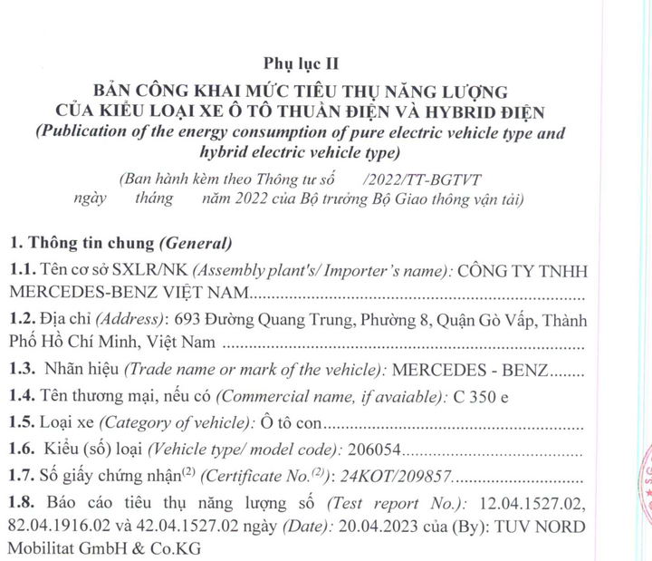 Thông tin đăng kiểm của Mercedes-Benz C350e tại Việt Nam.