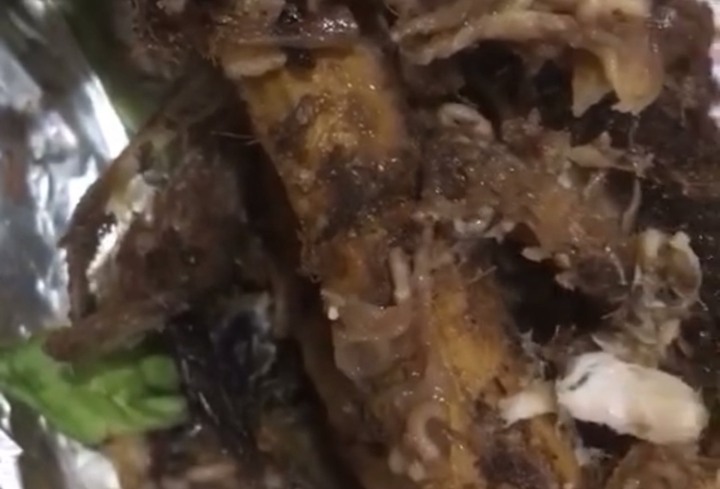 Dòi bò lúc nhúc trong cá lóc nướng. (Ảnh cắt từ clip)