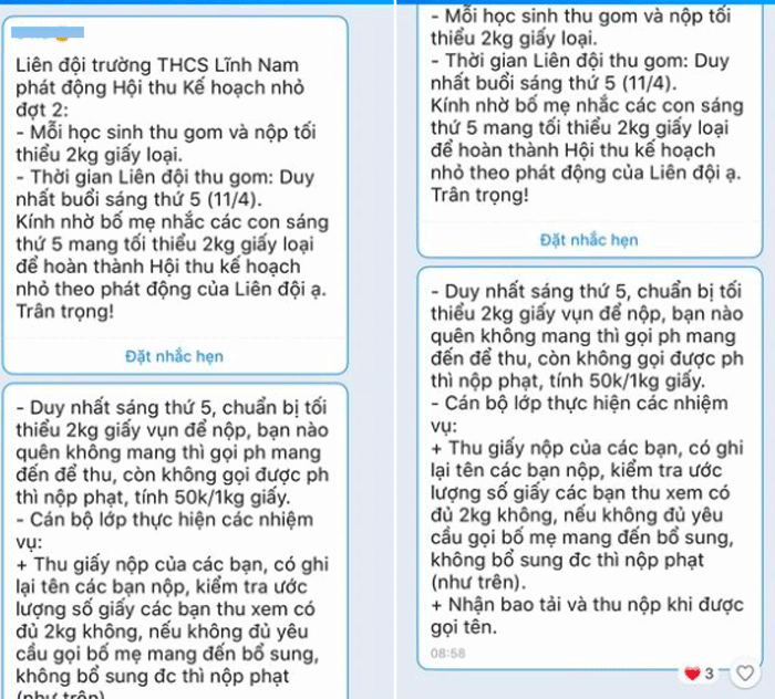 Đoạn tin nhắn phát động hội thu kế hoạch nhỏ của trường THCS Lĩnh Nam (Hoàng Mai, Hà Nội).