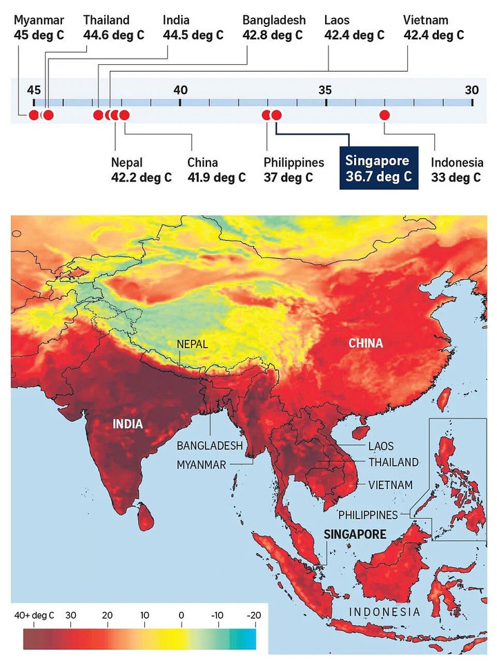 Nền nhiệt trung bình ở Đông Nam Á trong đợt nắng nóng đầu tiên vào năm 2023. (Ảnh: Strait Stimes)