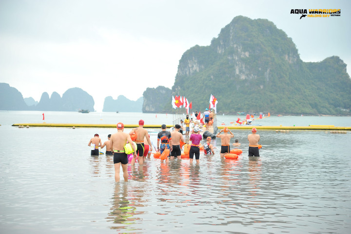 Các vận động viên bơi thử tại khu vực thi đấu.