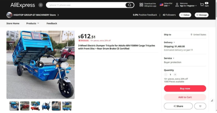 Xe được bán trên AliExpress. (Ảnh: SCMP)