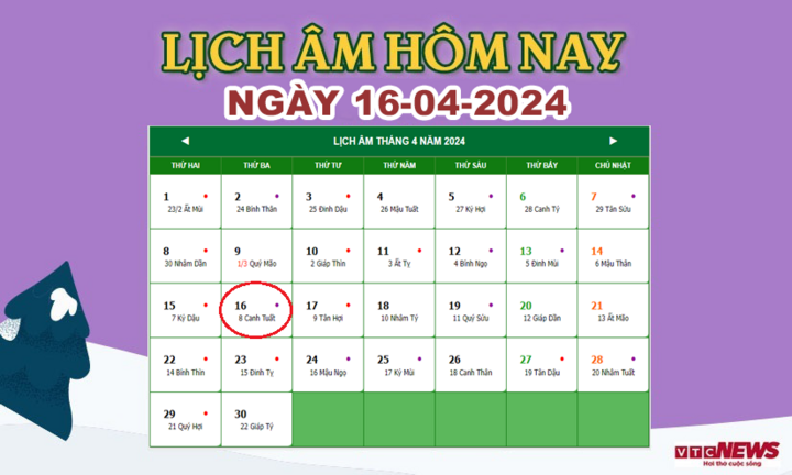 Xem lịch âm hôm nay ngày 16/4/2024.