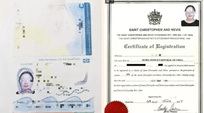 Tấm hộ chiếu và thông tin nhập tịch Liên bang Saint Kitts và Nevis của Tiền Trí Mẫn. (Ảnh: Baidu)