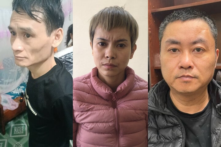 Vũ Hoàng Hải, Nghiêm Thị Hường và Nguyễn Minh Trường thời điểm bị bắt giữ. (Ảnh: Công an cung cấp)
