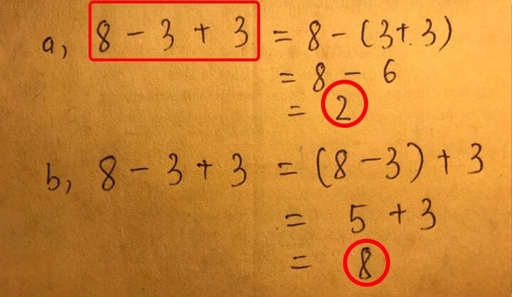 Bài toán 8 - 3 + 3 nhưng lại đưa ra 2 đáp án hoàn toàn khác nhau là 2 và 8.