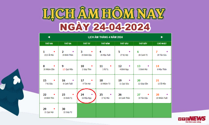 Xem lịch âm hôm nay ngày 24/4/2024.