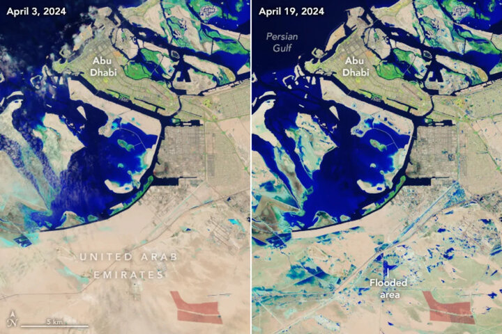 Hình ảnh vệ tinh chụp thủ đô Abu Dhabi trước (trái) và sau (phải) trận lụt lịch sử. (Ảnh: NASA)
