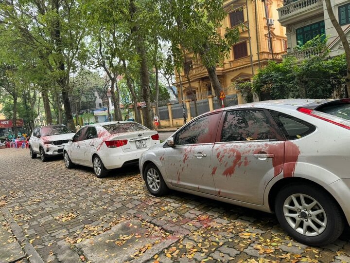 Nhiều ô tô bị tạt sơn khi đỗ ở phố Trần Điền.