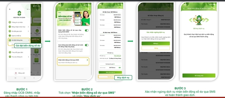 Khách hàng có thể hủy dịch vụ SMS Banking trên ứng dụng OCB OMNI. (Ảnh: OCB)