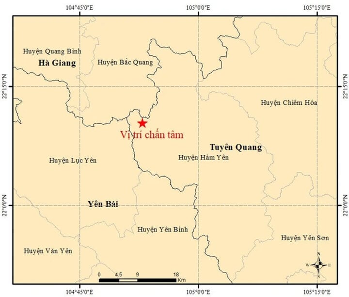 Bản đồ tâm chấn động đất ở huyện Hàm Yên, tỉnh Tuyên Quang. (Ảnh: igp-vast.vn)