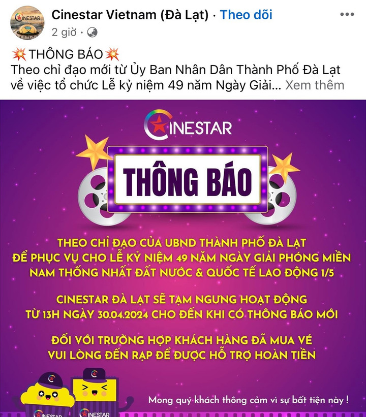 Thông báo đến từ rạp chiếu phim Cinestar Đà Lạt về việc tạm ngưng hoạt động. (Ảnh chụp màn hình)