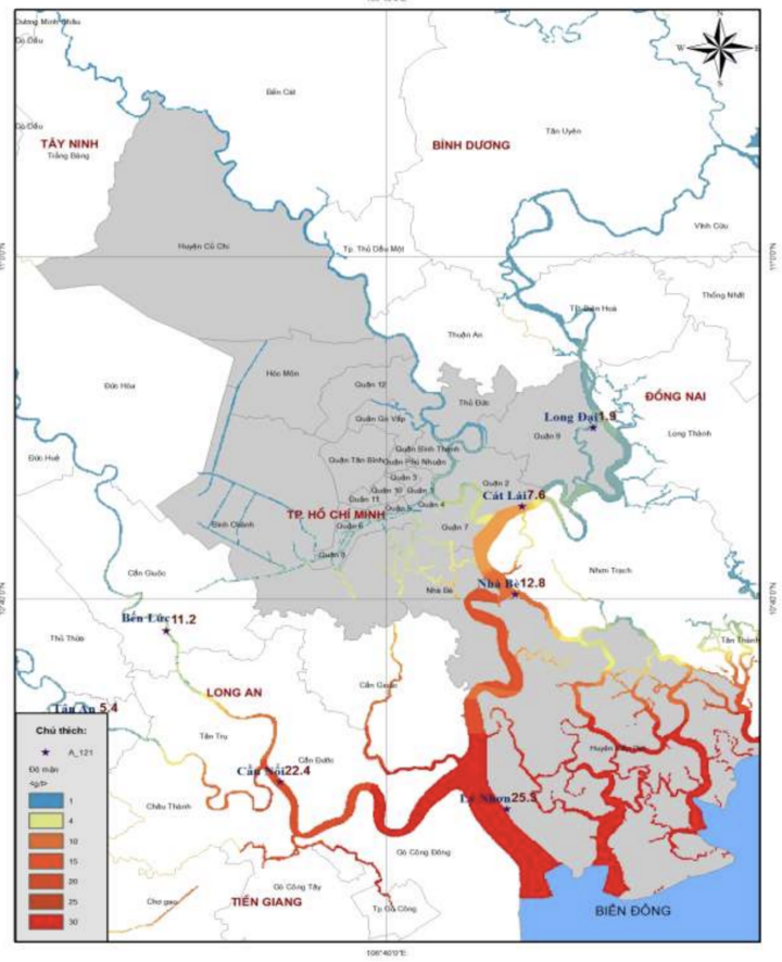 Bản đồ dự báo phân bố độ mặn cao nhất tuần trên khu vực TP.HCM (từ 1/5 - 10/5/2024).