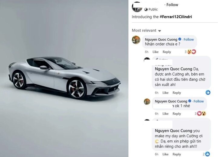 Đoạn đối thoại trên mạng xã hội cho thấy Cường Đô la đã ngầm đặt hàng chiếc siêu xe mới của Ferrari. (Ảnh chụp màn hình)