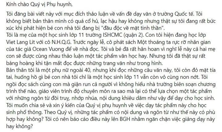 Bài đăng của phụ huynh gây xôn xao mạng xã hội. (Ảnh chụp màn hình)