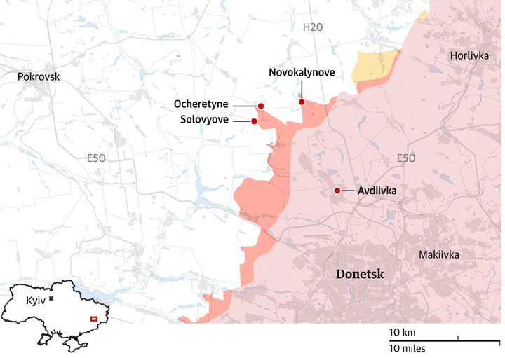 Vị trí Ocheretyne và các ngôi làng lân cận, nằm ở phía tây bắc Avdiivka. (Ảnh: Guardian)