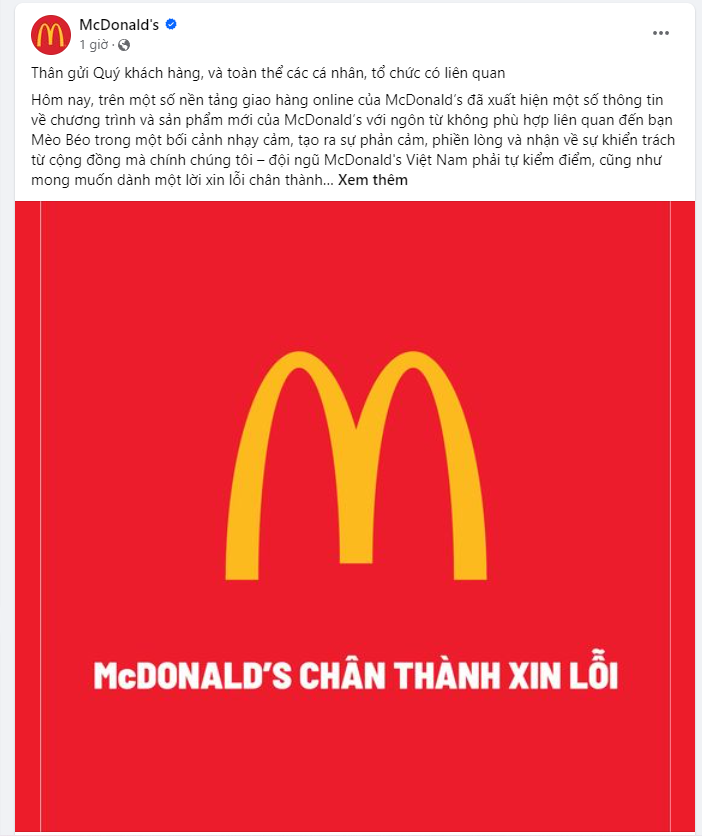 McDonald's Việt Nam đăng thư xin lỗi.