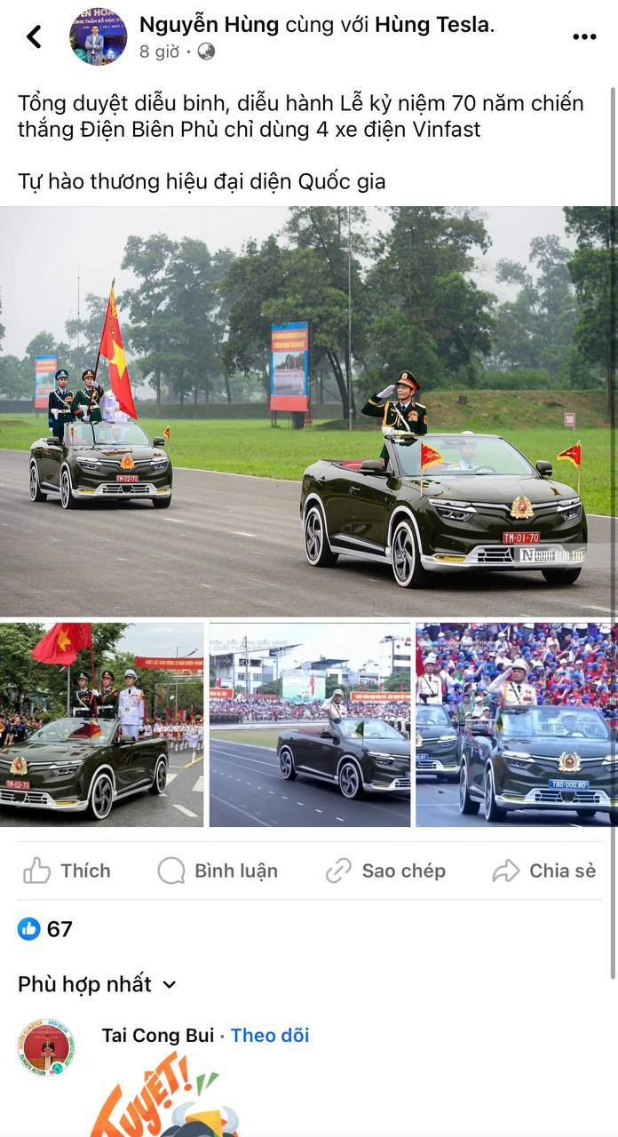 Với rất nhiều người, xe điện VinFast tại Lễ diễu binh, diễu hành Kỷ niệm 70 năm chiến thắng Điện Biên Phủ là hình ảnh rất đẹp và đáng tự hào.