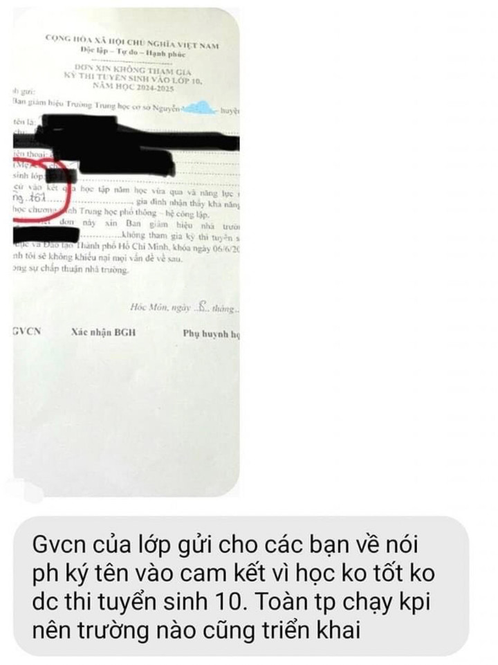 Lá đơn và đoạn tin nhắn gây xôn xao trong học sinh lớp 9 tại TP.HCM. (Ảnh chụp màn hình)