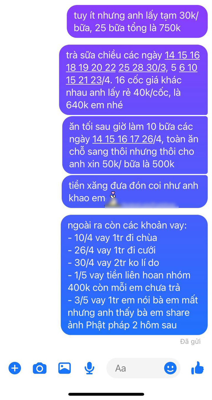 Ngoài tiền ăn uống, chàng trai còn đòi lại tiền vay. (Ảnh chụp màn hình)
