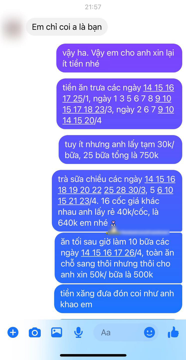 Chàng trai liệt kê số tiền chi cho bạn gái. (Ảnh chụp màn hình)