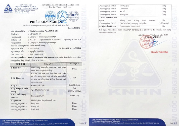 Phiếu kiểm nghiệm sản phẩm PQA sinh khí.