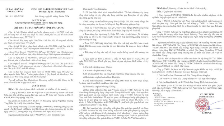 Qyuyết định xử phạt của UBND tỉnh Bắc Giang đối với Công ty TNHH Ja Solar Ne Việt Nam.